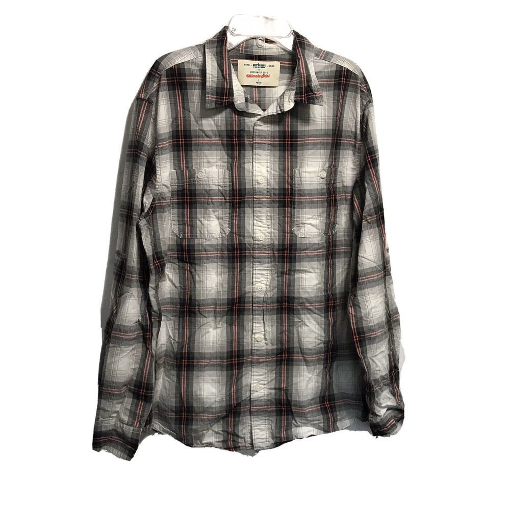 Urban Pipeline Men's Button Up Collared Shirt ~ Sz L ~White, Gray, Pink Plaid